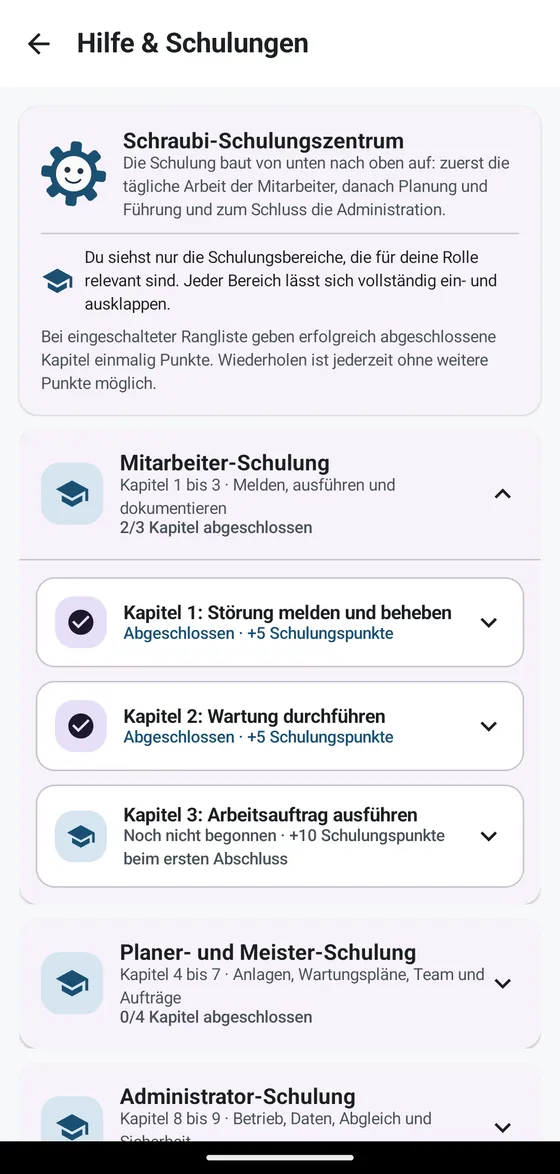 Übersicht der Schulungskapitel mit Fortschritt