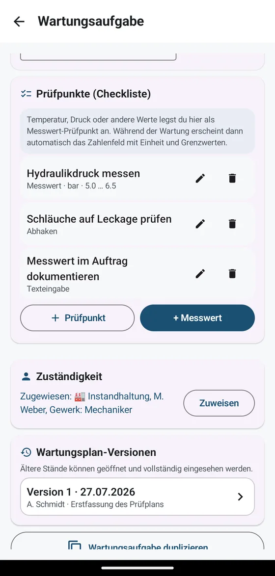 Wartungsaufgabe mit Prüfpunkten und Messwerten